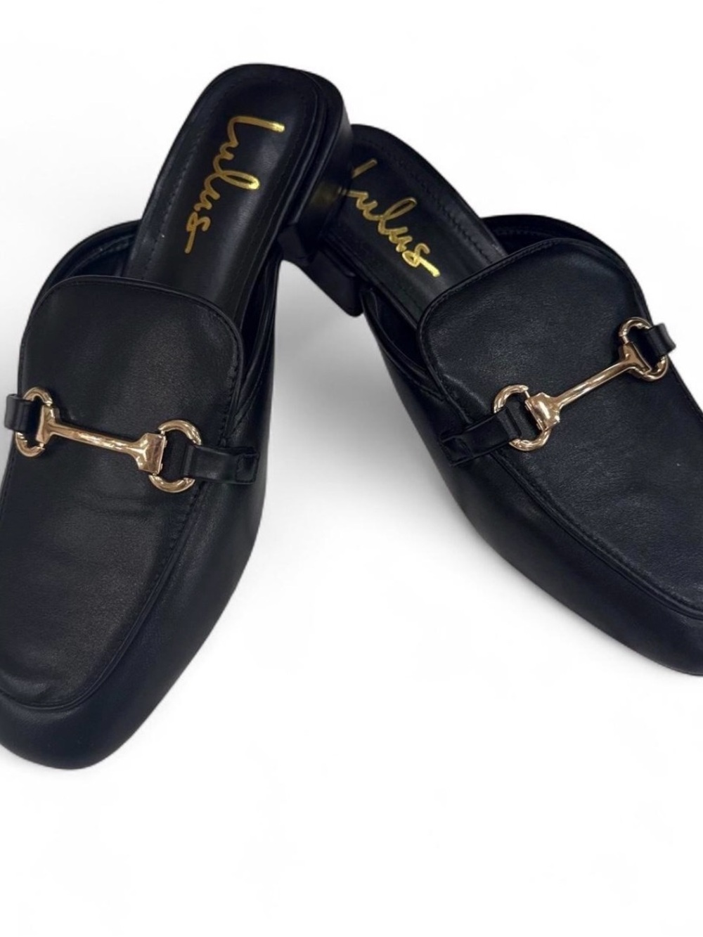Lulu's Black Leather Backless Loafers with Gold Horsebit